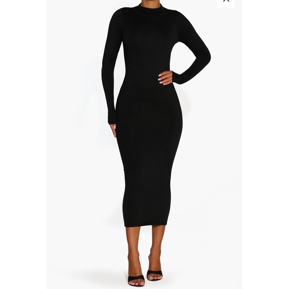 Naked Wardrobe Women’s Small Black Long Sleeve Mock Neck Bodycon Midi Dress
